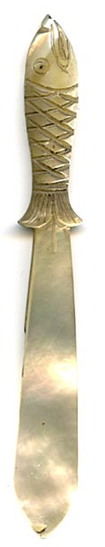 his bookmark was made in France. It is made of mother-of-pearl and has a hand carved figural fish at the top. The date is 1880 - 1900.