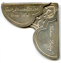 This bookmark was made in the US by Gorham. It is marked Sterling Gorham. The shape is a corner and has the picture of either a leaf or a tree. It was a promotional bookmark made for George Watts & Sons.
