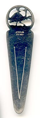This bookmark was made in Australia. It it marked JC Taylor and Stg Sil. The top is an emu and it is inscribed E.L.W. from A & D Atkinson 1928
