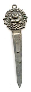 This bookmark was made in the US by an unknown manufacturer. A very thin piece, the top has an art nouveau rose flower. It is marked sterling on the back.