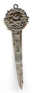 This bookmark was made in the US by an unknown manufacturer. A very thin piece, the top has an art nouveau rose flower. It is marked sterling on the back.