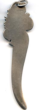 This bookmark was made in the US by an unknown manufacturer. The top blade, in the shape of a leaf is inscribed LPW. The very top has leaves and a crown.