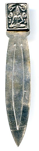 This bookmark was made in Sweden. It has hallmarks GK a city mark for Stockholm, 3 crowns, S and V 8 for the year 1947. The top has a Buddha, an interesting subject for Sweden. 