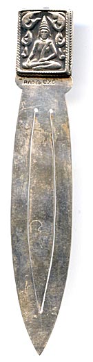 This bookmark was made in Sweden. It has hallmarks GK a city mark for Stockholm, 3 crowns, S and V 8 for the year 1947. The top has a Buddha, an interesting subject for Sweden. 