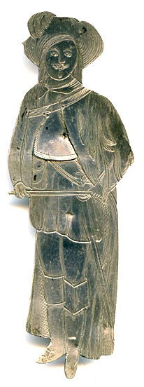 his bookmark was made in the US by J.F. Fradley. It is marked on the back with sterling, the manufacturers hallmark of a cross, the numbers 1864 and 21, and Petrucchio. This is a figure of the Shakespeare character Petrucchio from the play "Taming of the Shrew." The date is 1890 - 1936.