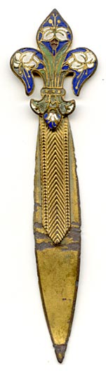 This bookmark is made of pot metal with a gilt finish and has  enamel on the top part in the shape of a fleur-de-lis. Date is unknown. It's probably French made.
