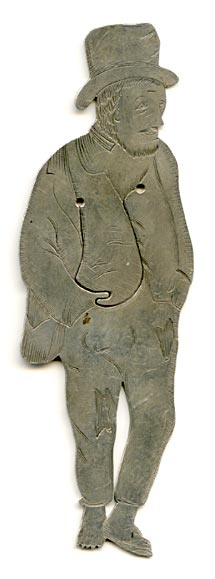 This bookmark was made in the US by J.F. Fradley. It is marked sterling, the cross hallmark and the number 50. It is inscribed "TRAMP" above the mark. This is possibly a character in famous book, not unlike Dickens. 