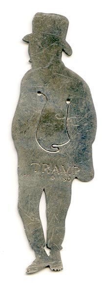 This bookmark was made in the US by J.F. Fradley. It is marked sterling, the cross hallmark and the number 50. It is inscribed "TRAMP" above the mark. This is possibly a character in famous book, not unlike Dickens. 