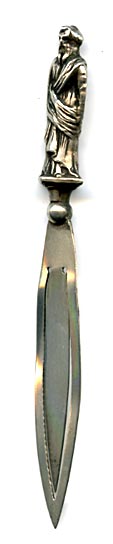 This bookmark was made in Birmingham England. It has the hallmarks for 1897 and a manufacturer of B&F. The top is a highly detailed relief bearded man in long robes.