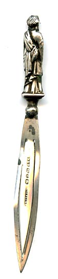 This bookmark was made in Birmingham England. It has the hallmarks for 1897 and a manufacturer of B&F. The top is a highly detailed relief bearded man in long robes.
