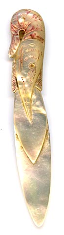 This bookmark was made in either France or England. It is made of mother of pearl and is in the shape of a shrimp.