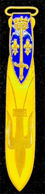 This bookmark was made in France by an unknown manufacturer. It is unmarked and is made of brass with a gold doré. The top is a dark blue enamel shield with 2 fleur-de-lis in brass