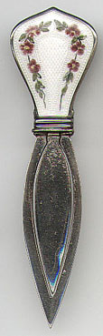 This bookmark is American made by Webster Company sometime between 1890 - 1915. The top of the bookmark is enamel with purple and yellow flowers. It is marked Sterling with the Webster hallmark. It was sold as a letter opener by Webster.