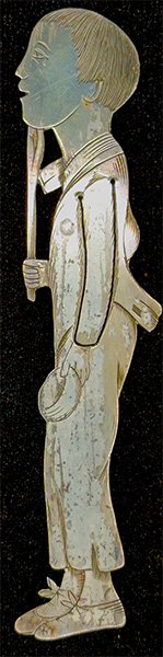 This bookmark was made in the US by J.F. Fradley. It is marked on the back with sterling, the manufacturers hallmark of a cross, the number 7, and Oliver Twist. This is a figure of the Dickens character from the book with the same name. The date is 1890 - 1936.