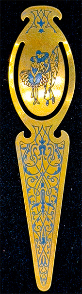 This bookmark was made in the US by an unknown manufacturer. It is unmarked and is made of brass. The top blade is a a man and a woman.