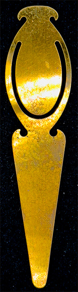 This bookmark was made in the US by an unknown manufacturer. It is unmarked and is made of brass. The top blade is a a man and a woman.