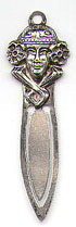 This bookmark was manufactured in the US by an unknown manufacturer. It is marked only Sterling. It is a depiction of a woman's head with a "Roaring Twenties" like motif. Date is probably from the 1920's.