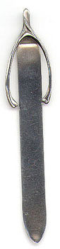This bookmark was manufactured in the US by La Pierre Mfg. Co. It is marked with the makers hallmark, Sterling and 1690. It is a wishbone on the front which is also used to attach to the page. The date is probably 1920 - 1940.