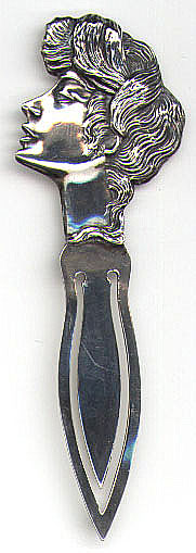 This bookmark is American made possibly by Pryor Manufacturing Co. The hallmark is NP Co. and Sterling. It is a picture of a Gibson Girl and was made between 1900 and 1920.