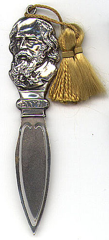 This bookmark is American made by an unknown manufacturer. It is marked Sterling Front which means that the blade is not silver. The top of the bookmark is the head of the author Tennyson. Date is 1900 - 1920.