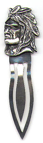 This bookmark is American made by an unknown manufacturer. It is marked Sterling. The top of the bookmark is the head of an Indian in the art nouveau style. Date is 1900 - 1920.
