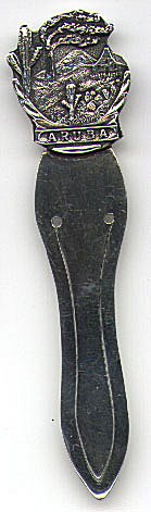 This bookmark is made in Holland. It is marked with a tiny windmill, N10 and 90. It is probably 900 fine silver. The top has a scene from Aruba, an island in the Netherlands Antilles, in the West Indies. The date is unknown.