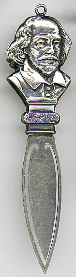 This bookmark was made in the US. It is marked Sterling Front and the manufacturer mark indicating W. H. Saart Company. It is a bust of Shakespeare and was one of a series of bookmarks. A similar one with a bust of Tennyson can be seen in Group 8 No. 147.  Date is 1900 - 1910.