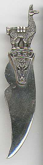 This bookmark was made in Peru. It is marked 925 with the top of the bookmark showing a llama. The date is unknown.