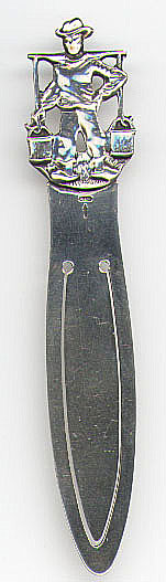 This bookmark was made in Holland by Tj. F. Landmeter of A. Landmeter Co. in Schoonhoven (1948-1957). The marks are AL. and a sword indicating the silver content of .833. It has a Dutch boy carrying two buckets of water. It is similar to bookmark 183 in group 10. The date is 1948 - 1953.