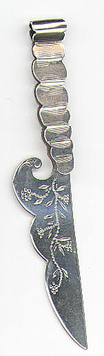 This bookmark was made in the US by Henry C. Haskell, manufacturer. It is marked sterling and has a hallmark. It has a shape that is very similar to a bookmark in the Gorham 1888 Autumn catalog. The date is probably somewhere around that date.