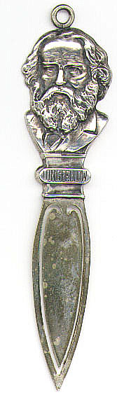 This bookmark was made in the US. It is only marked Sterling Front It is a bust of Longfellow and was one of a series of bookmarks. A similar one with a bust of Tennyson can be seen in Group 8 No. 147.  Date is 1900 - 1910.