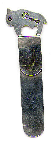This bookmark is American made by the Navaho tribe sometime in the 1970's. The top is in the shape of a Buffalo with a stamped sun and arrow. The back is marked sterling and a symbol that looks like a combined J and F.