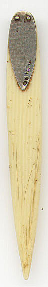 This bookmark is from Norway. The date is 1900 - 1910. The top blade is silver and is marked 830S H.Gm. with two other marks. The bottom blade is celluloid made to look like ivory.