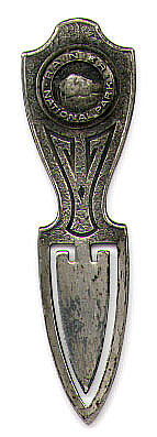 This bookmark is made in the US. The top is marked Rainier National Park. It has no manufacturers mark and is probably not silver. The date is unknown.