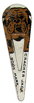 This bookmark is one of a set of 4 from Cracker Jack. It is made of tin and paint depicting a Bulldog. It was made it the 1940's.