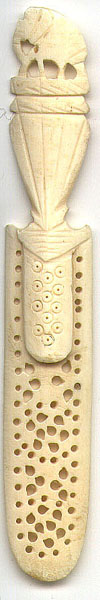 This bookmark is made of ivory sometime between 1920 - 1940. The top is a hand carved elephant and the blades are carved as well.