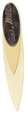 This bookmark was made in Norway of celluloid and silver. The top blade has a silver oval with a picture of a  Nordland boat (or Norwegian: Nordlandsbåt). This is a type of fishing boat that has been used for centuries in northern counties of Nordland, Troms and Finmark of Norway and derives its name from Nordland county where it has a long history. It is sailing with birds flying, some clouds and sun rays. It is marked 830S NH. NH stands for Norsk Mønster (Norwegian pattern). The blades are ivory colored celluloid.