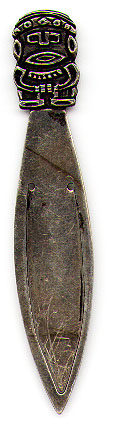 This bookmark was made possibly in South America or New Zeland. The top of the mark is a man, possibly a Maori. It is marked 0900 on the back of the top. Date is unknown.