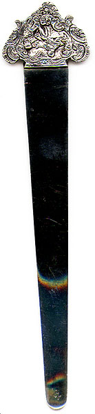 This bookmark was made in London, England in 1888. It is a very large bookmark and was more likely used as a letter or page opener. It is marked SC, and the standard marks for London and 1888.