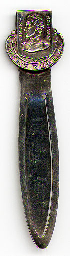 This bookmark was made either in the US by either Royal Silver Manufacturing Co. or Royal Silverware Co. or in Venezuela. It is marked Royal-D and was made between 1900 and 1920. The top is a bust of Simon Bolivar. It is also marked Venezuela.