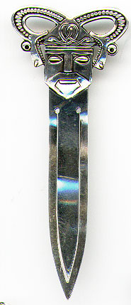 This bookmark was probably made in a Scandanavian country but I can't tell. It is marked 830S with an unknown hallmark. The top is a mask with two serpents coming out of the top. Date is unknown.