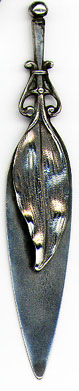 This bookmark was made in the US by Gorham Corporation. It is a bookmark from the August 1888 Gorham catalog, item number 40. It is marked with the Gorham hallmark, sterling, 40 and the date symbol for 1888. The top blade is a leaf. 