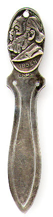 This bookmark was made in Norway between 1910 - 1920. It is marked 830S for .830 silver and has a bust of Ibsen, the famous poet from Norway.