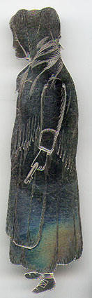 This bookmark was made in the US by J. F. Fradley & Co. It is marked "Nancy Sikes", the manufacturers hallmark, Sterling, number 1863 and number 11. It is in the shape of a woman with the smaller blade as the sleeve of the woman's dress. This is part of a series of bookmarks from Dickens novels. The date is 1890 - 1936.