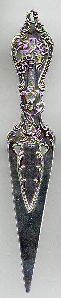 This bookmark was made in the US by the Alvin Corporation in 1896. It is marked with an older Alvin hallmark and the word sterling. Also on the back is inscribed "Edna '96". The top has the word "Easter" across a cross.