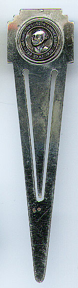 This bookmark was made in the US in commemoration of George Washington's 150th Anniversary 1n 1939. It is made of chrome.