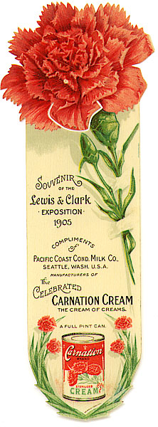 This bookmark was made in the US by Meek Company of Coshocton, Ohio. It is a celluloid advertising bookmark for Carnation cream and a souvenir of the Lewis and Clark exposition from 1905. It has a picture of a carnation flower on top with the bottom most petal as the blade which clips over a page. The bottom of the bookmark depicts a 'full pint can'" of Carnation Cream.  "