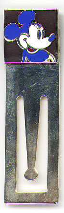 This bookmark was made in the US by Acme. It is an enamel and silver plate bookmark with a reproduction of an Andy Warhol picture of Mickey Mouse. The back is marked with a signature of Andy Warhol, Acme and &copy 1994 AWF.