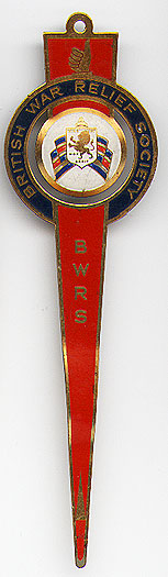 This bookmark was made in the US by an unknown manufacturer. It is made of brass and enamel paint and was made for the British War Relief Society between 1940 - 1950. The center blade is a shield with a lion and the words "Dieu Et Mon Droit". 