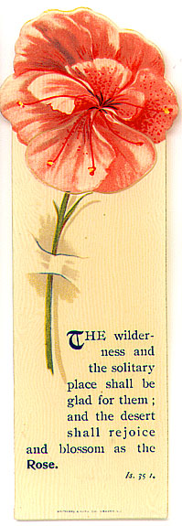 This bookmark was made in the US by The Whitehead & Hoag Co. of Newark, NJ. It is a quote from the Bible, Isaiah 35:1   "The wilderness and the solitary place shall be glad for them; and the desert shall rejoice and blossom as the Rose." It has a picture of a flower on top. The date is 1905 - 1915. 